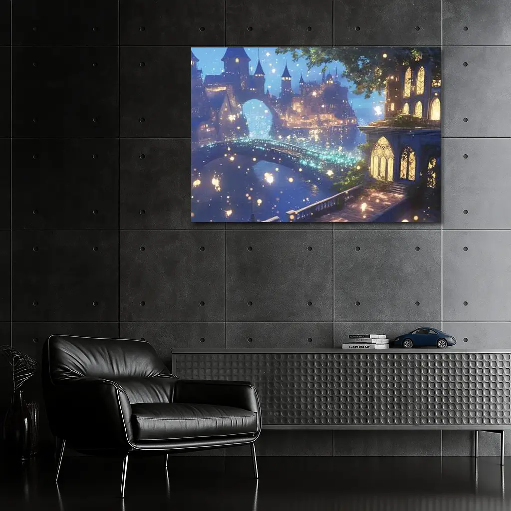 Fantasy Castle City Glowing Night Bridge – Wall Art