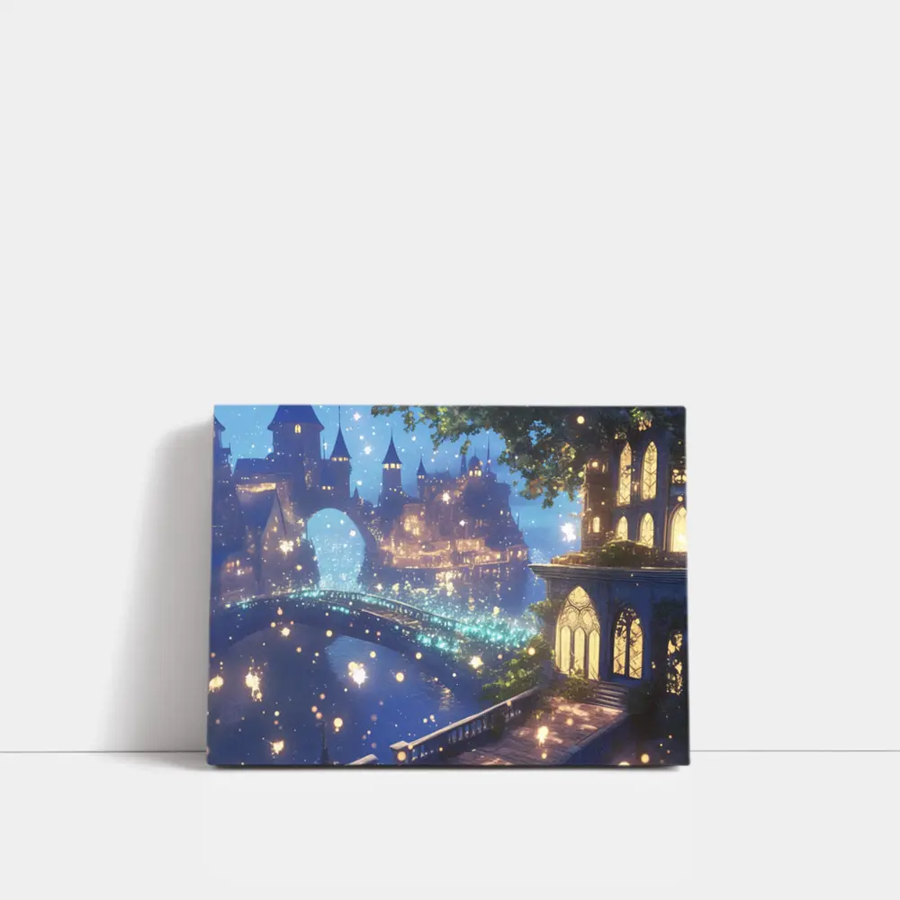 Fantasy Castle City Glowing Night Bridge – Wall Art