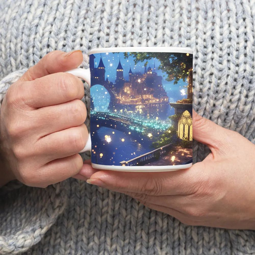 Fantasy Castle City Glowing Night Bridge – Mugs