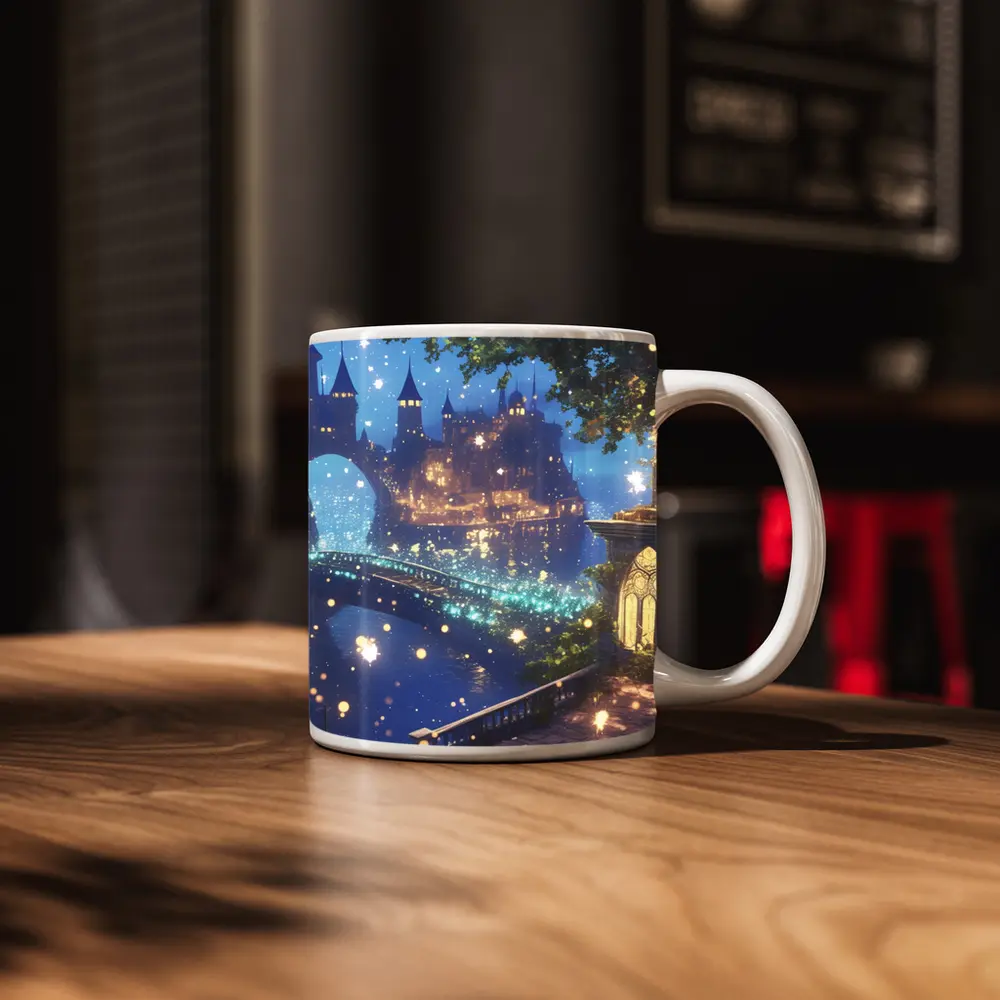 Fantasy Castle City Glowing Night Bridge – Mugs