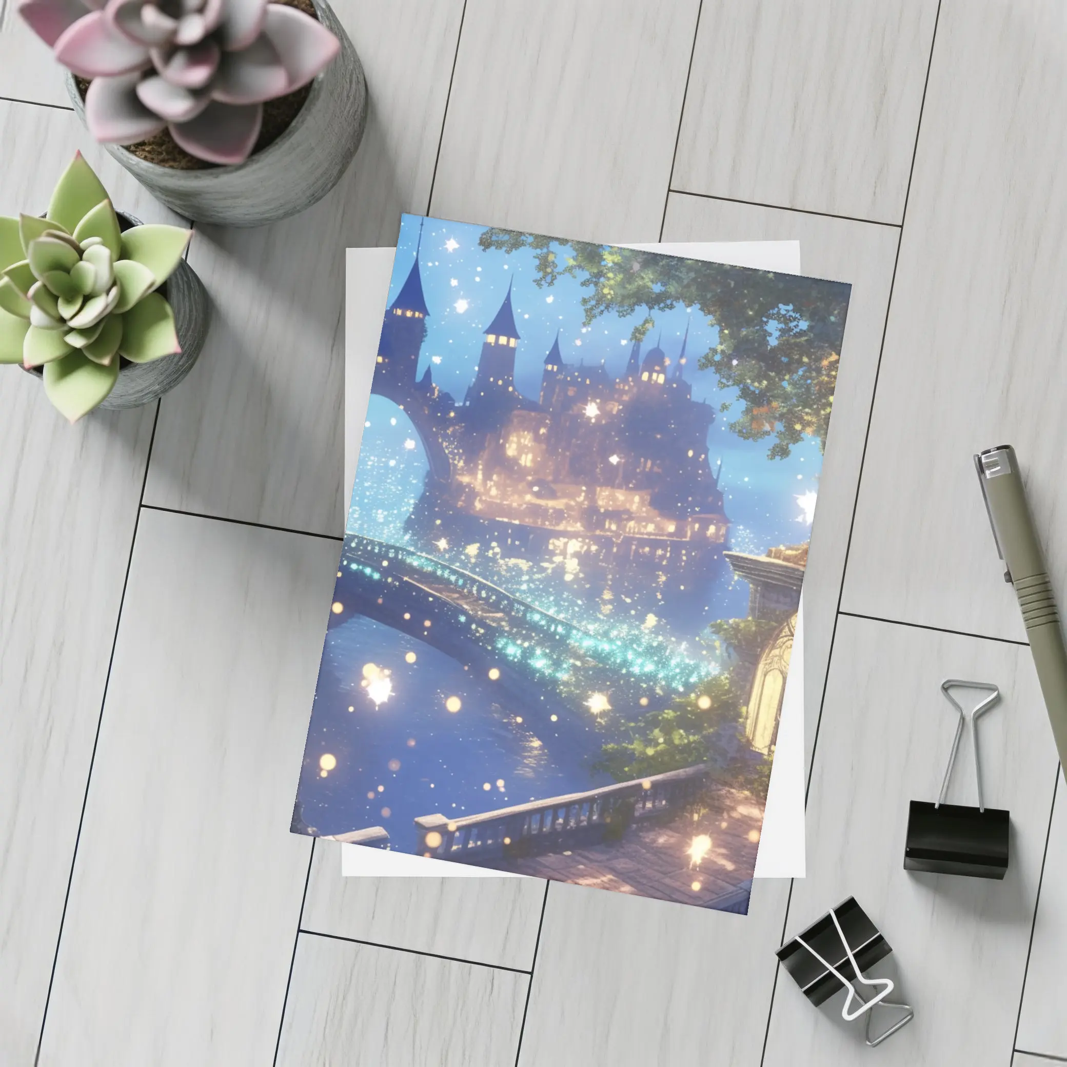 Fantasy Castle City Glowing Night Bridge – Postcards