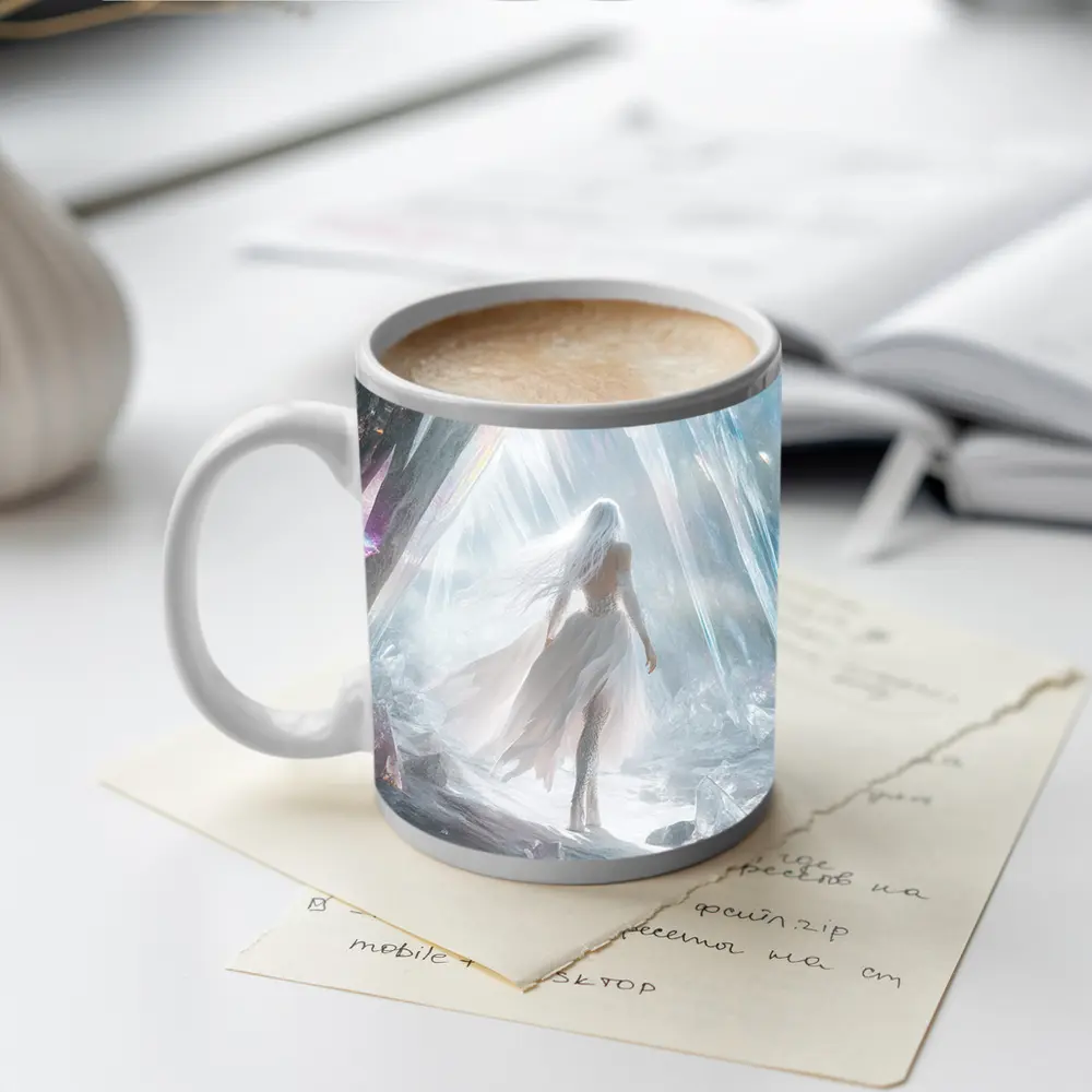 White Dress Woman Crystal Cave Fantasy Art – Mugs