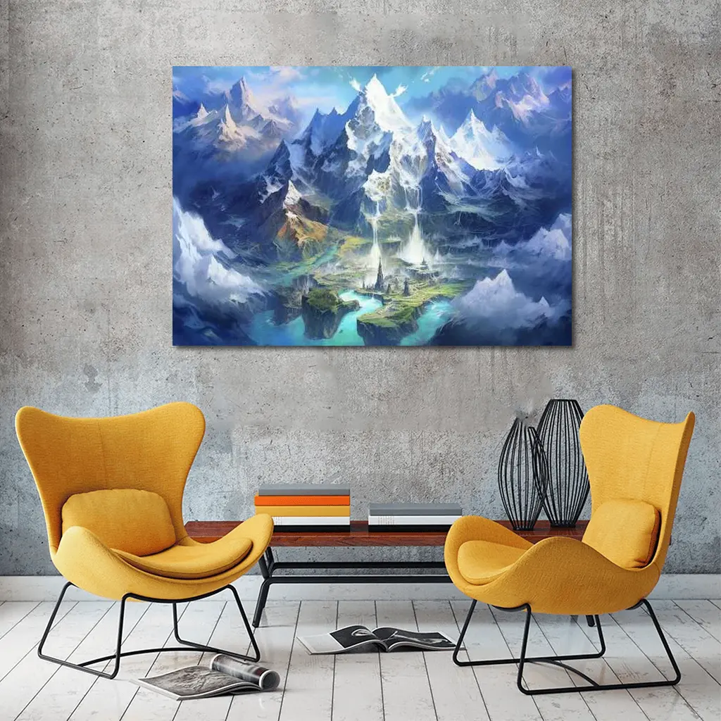 Fantasy Mountain City Waterfall Blue Sky – Wall Art
