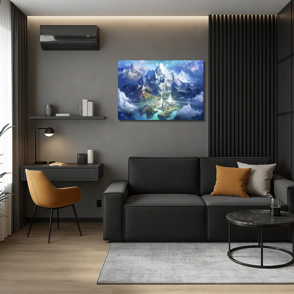 Fantasy Mountain City Waterfall Blue Sky – Wall Art