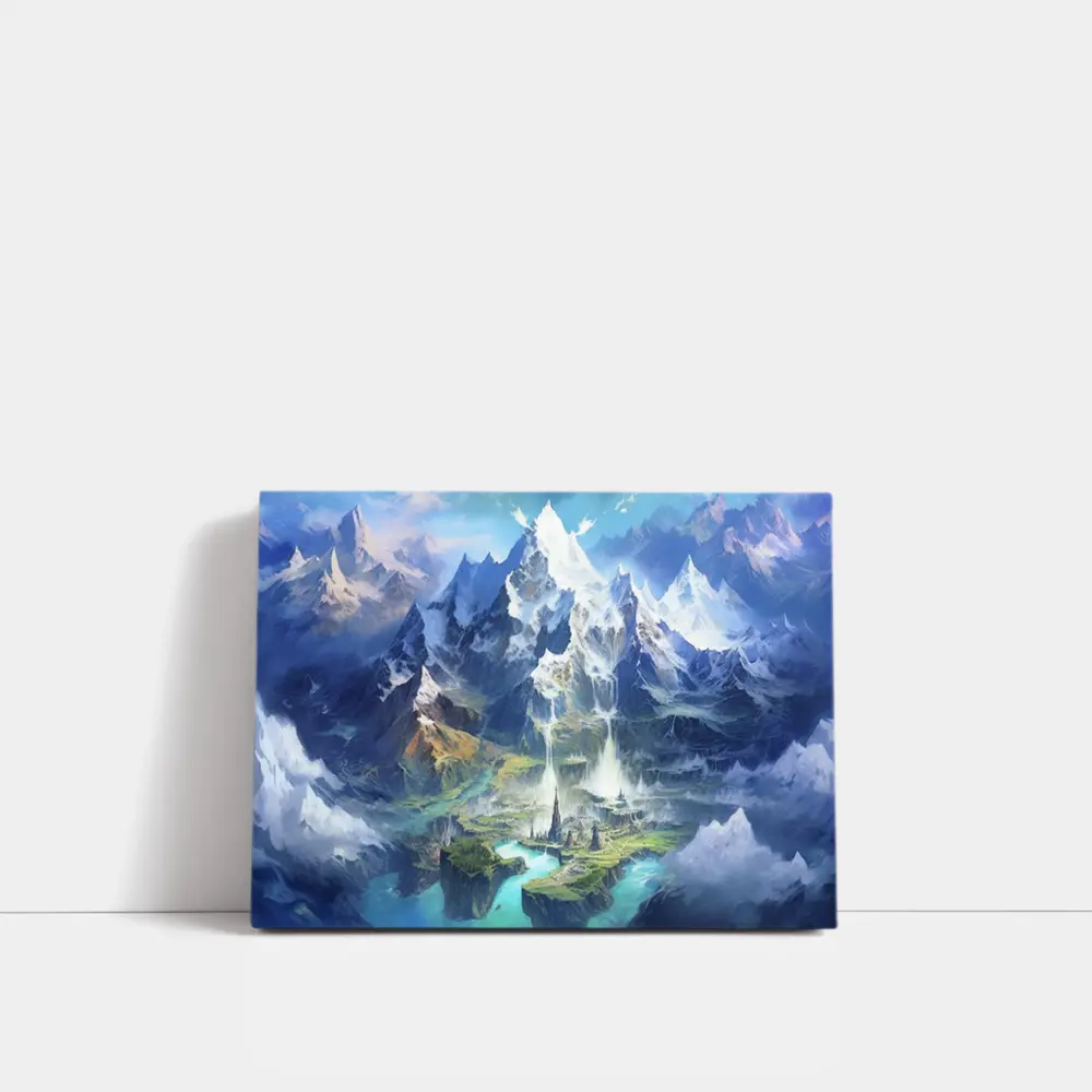 Fantasy Mountain City Waterfall Blue Sky – Wall Art