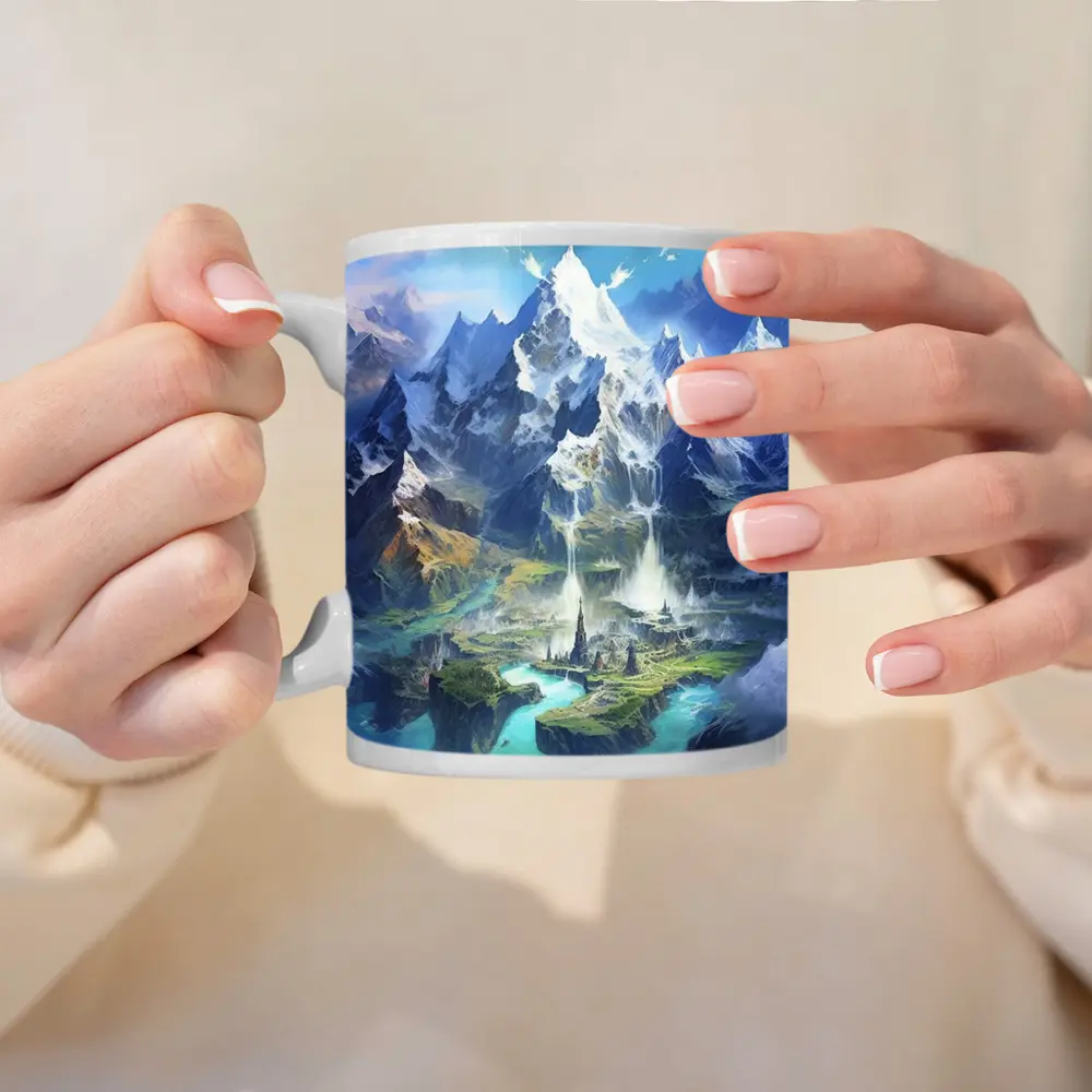 Fantasy Mountain City Waterfall Blue Sky – Mugs