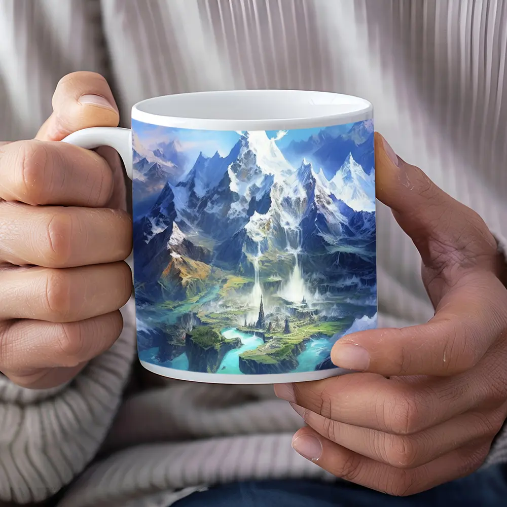 Fantasy Mountain City Waterfall Blue Sky – Mugs