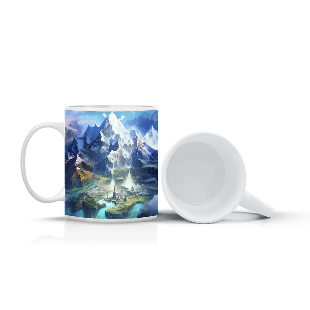 Fantasy Mountain City Waterfall Blue Sky – Mugs