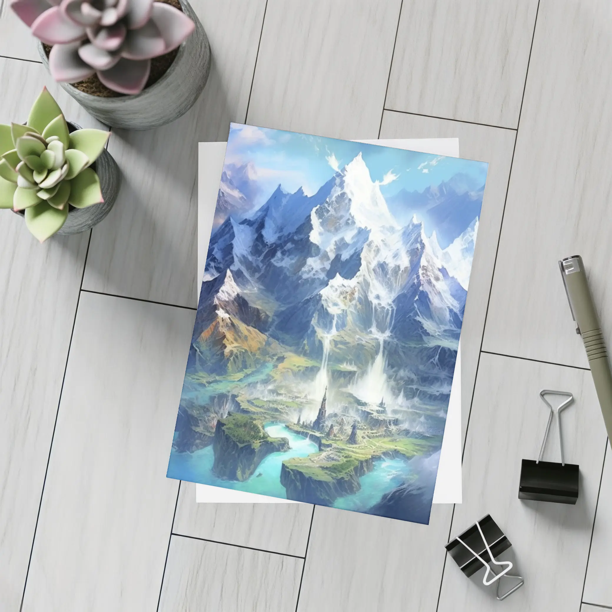 Fantasy Mountain City Waterfall Blue Sky – Postcards