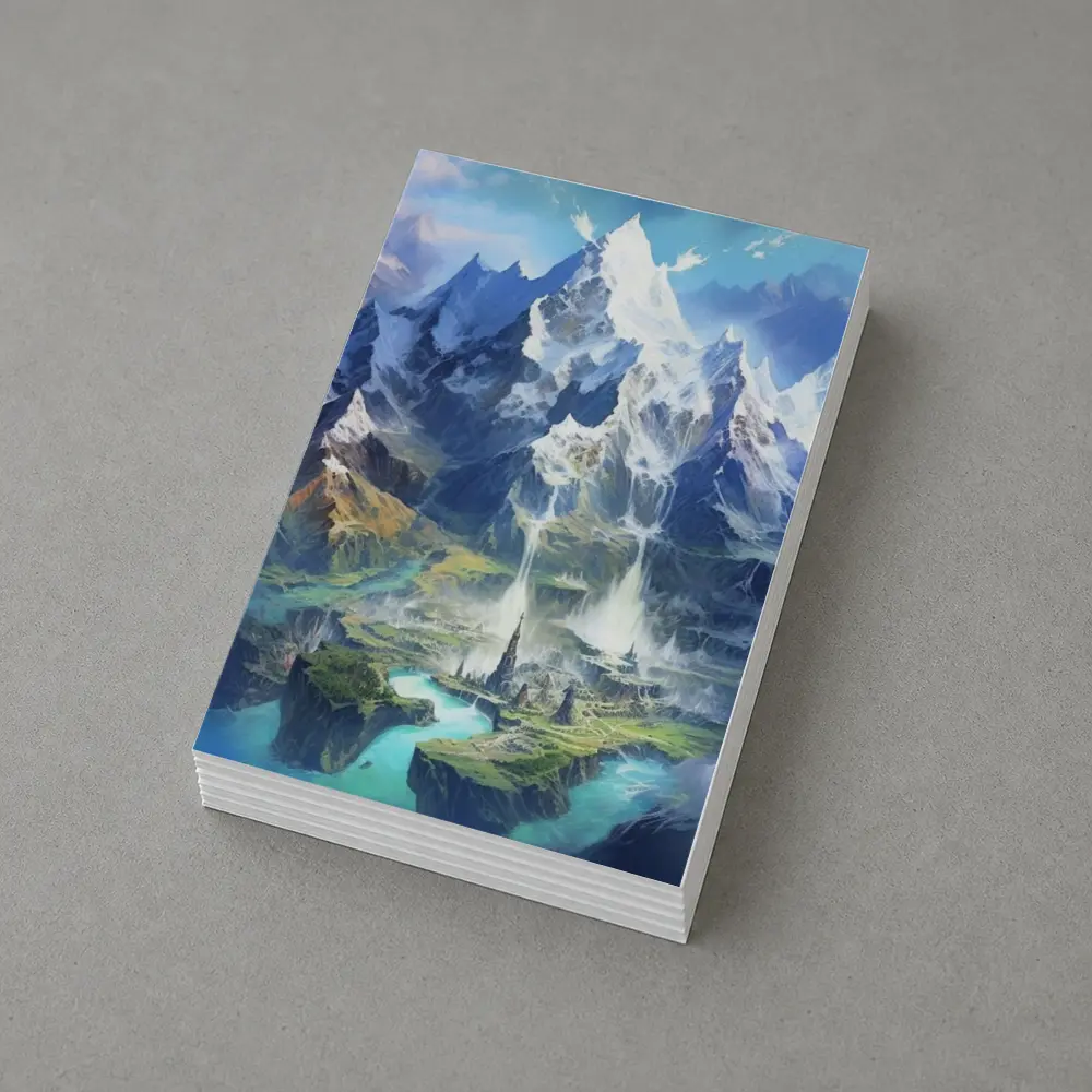 Fantasy Mountain City Waterfall Blue Sky – Postcards