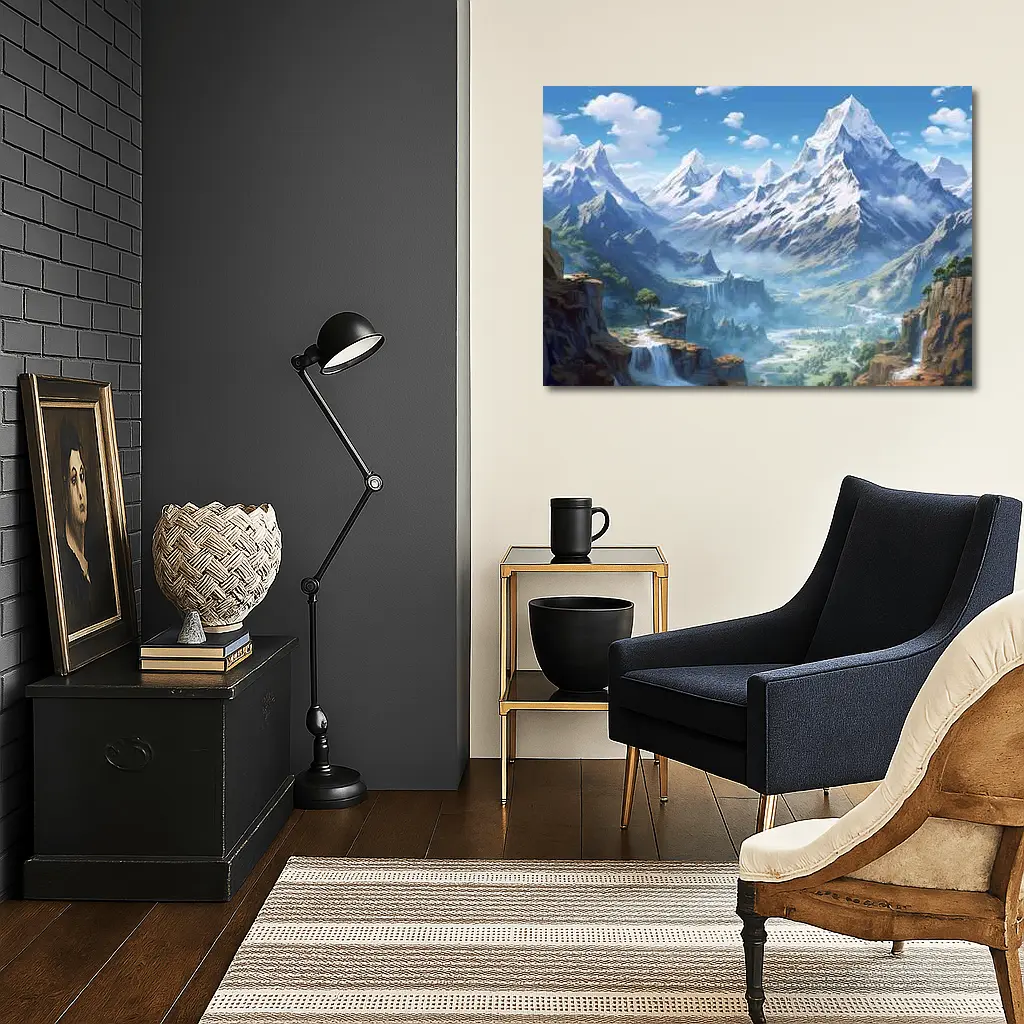 Anime Mountain Valley Waterfall Landscape Art – Wall Art