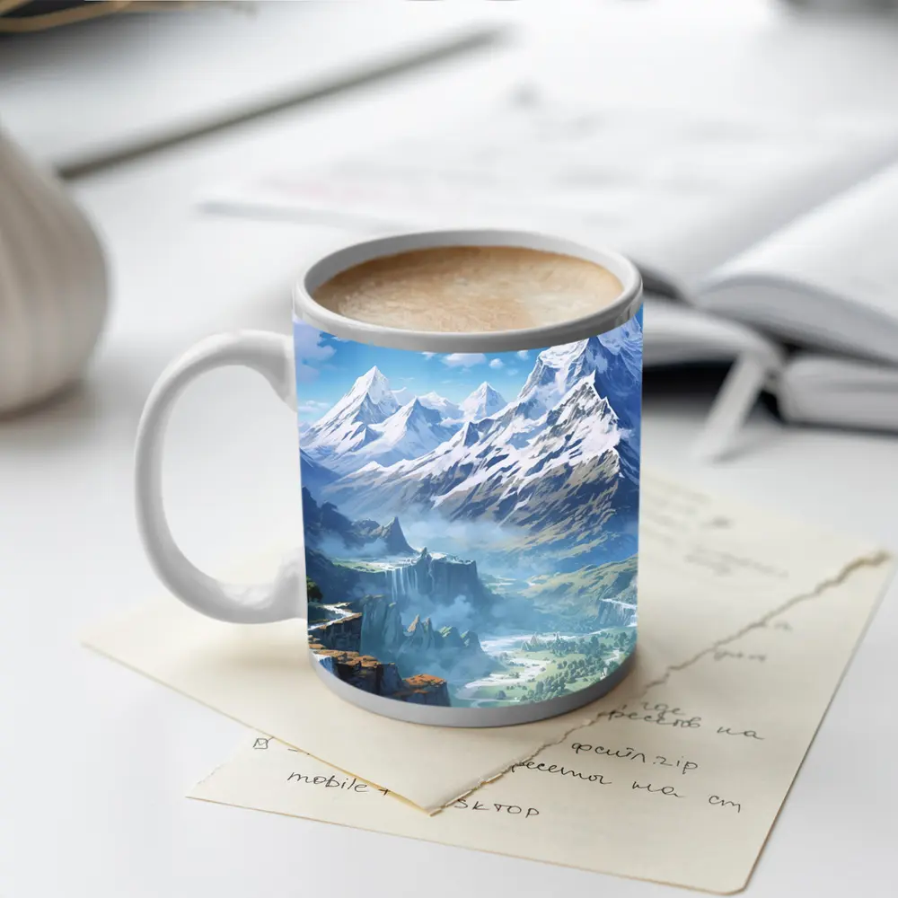 Anime Mountain Valley Waterfall Landscape Art – Mugs