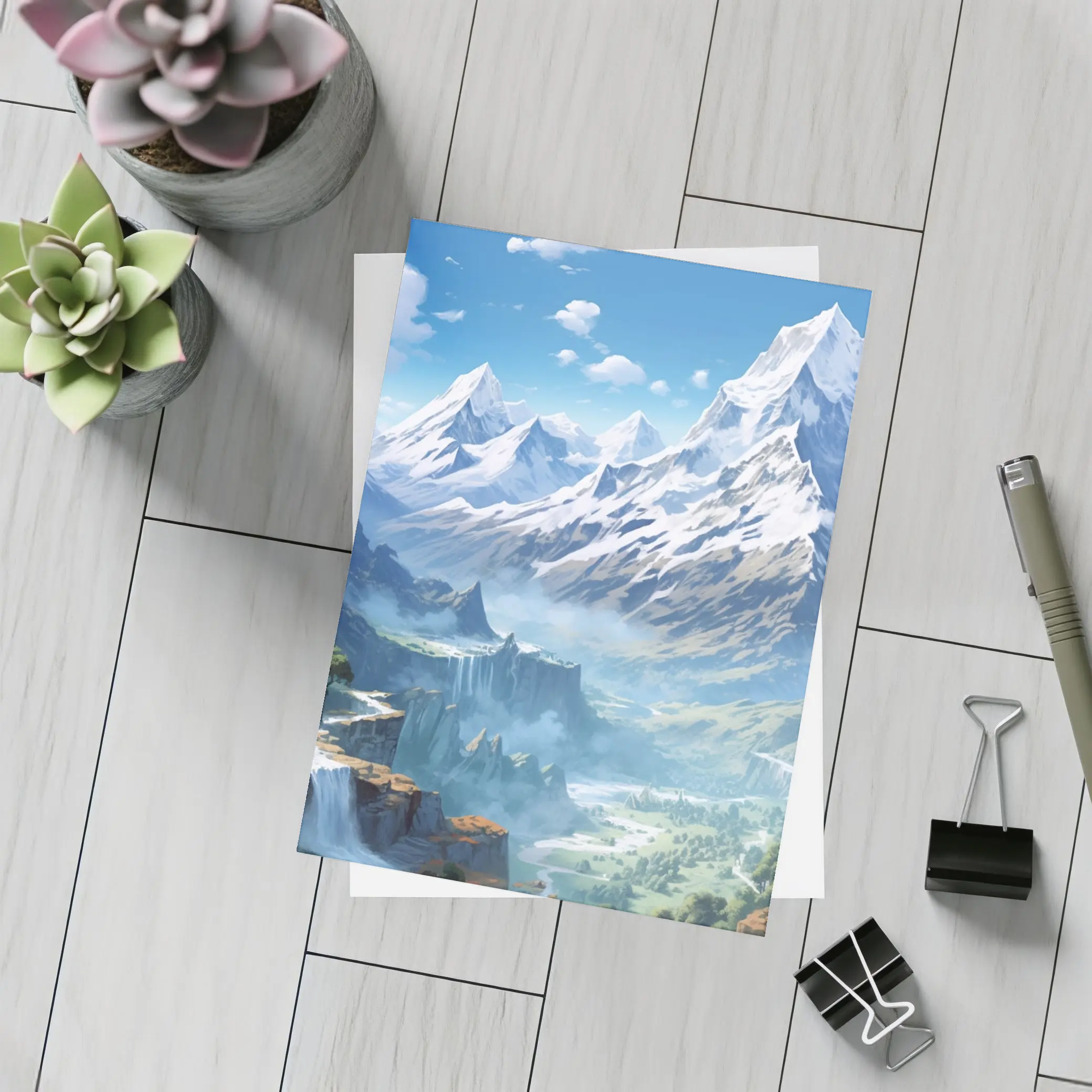 Anime Mountain Valley Waterfall Landscape Art – Postcards
