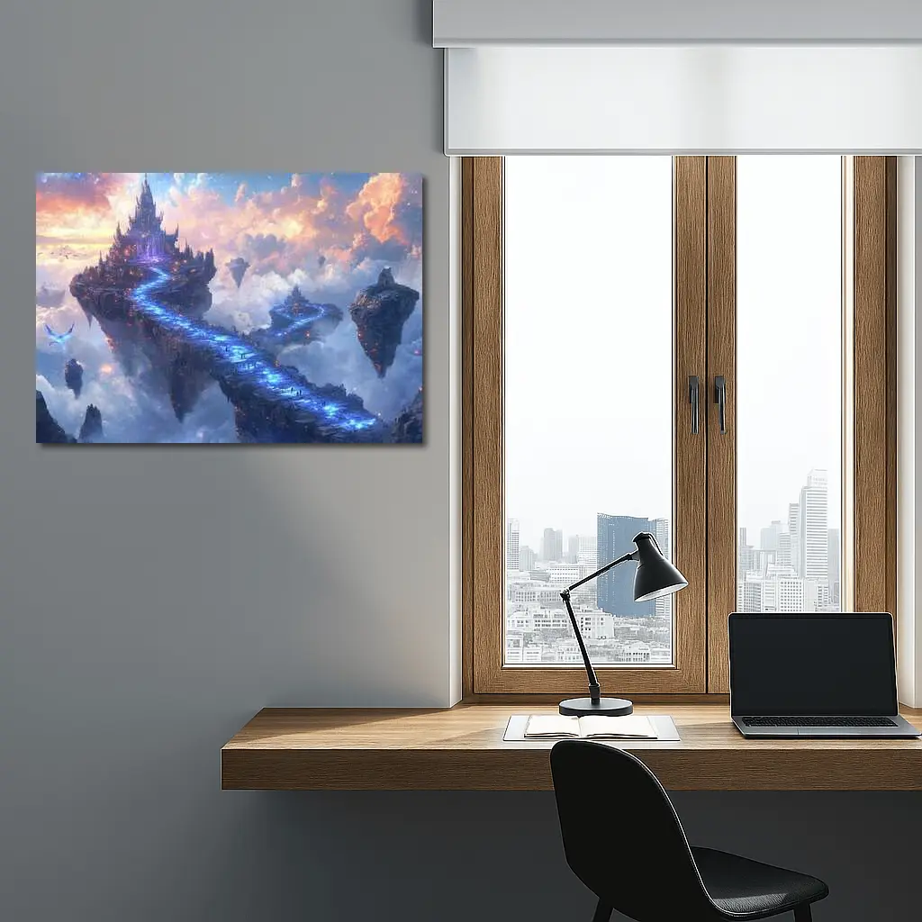 Fantasy Floating Castle Glowing Blue Sky Bridge – Wall Art