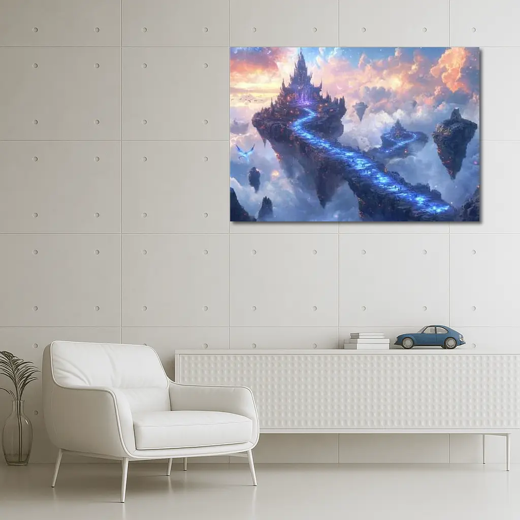 Fantasy Floating Castle Glowing Blue Sky Bridge – Wall Art