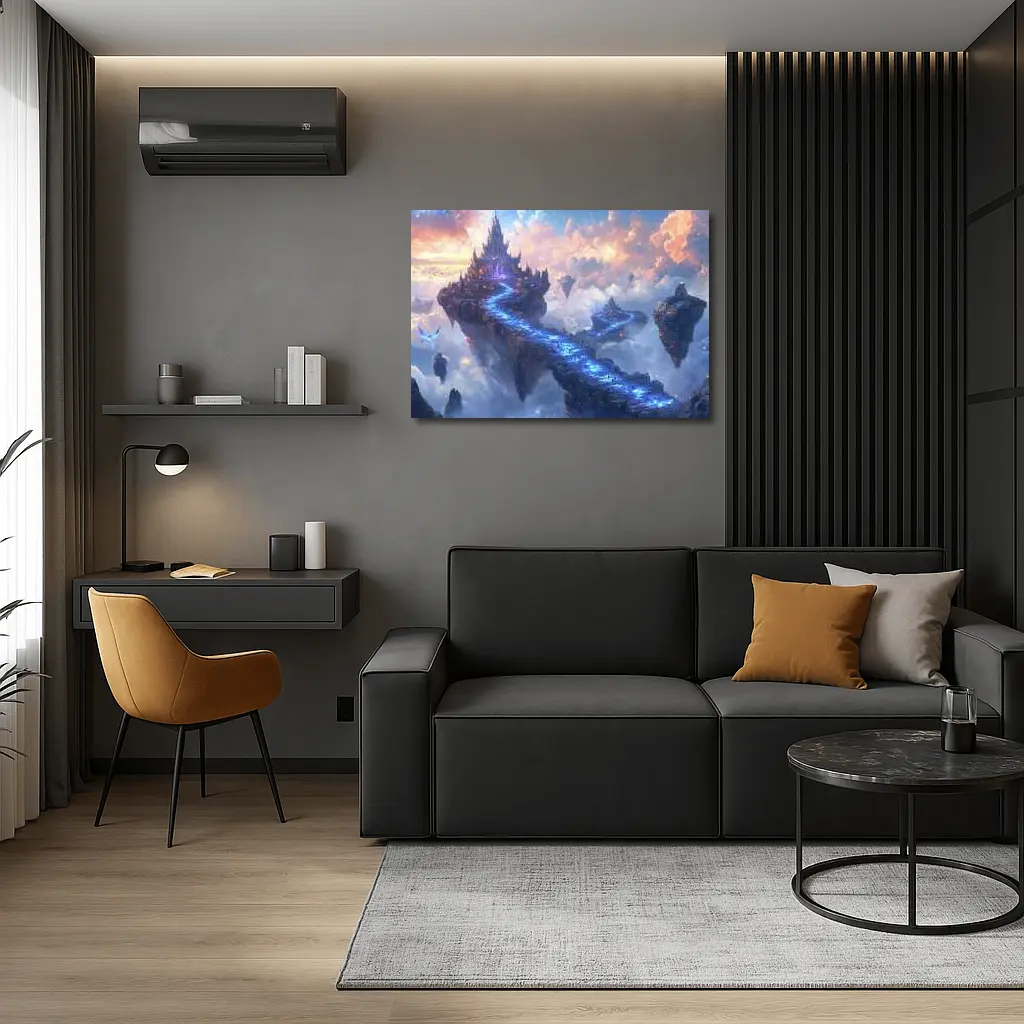 Fantasy Floating Castle Glowing Blue Sky Bridge – Wall Art
