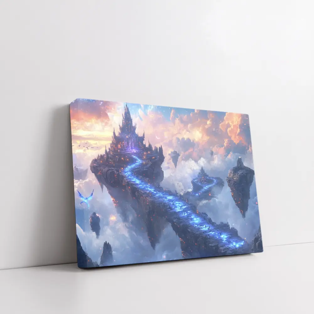 Fantasy Floating Castle Glowing Blue Sky Bridge – Wall Art