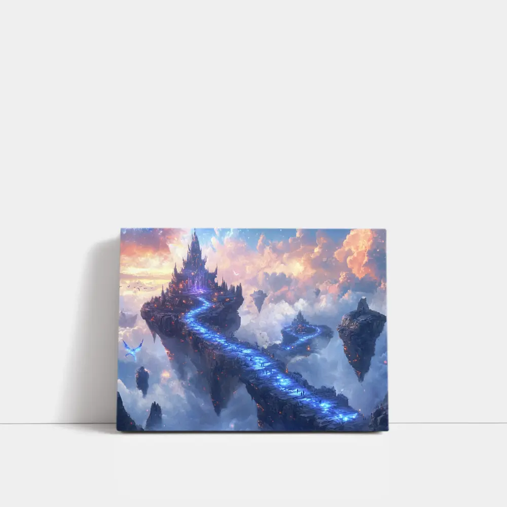 Fantasy Floating Castle Glowing Blue Sky Bridge – Wall Art