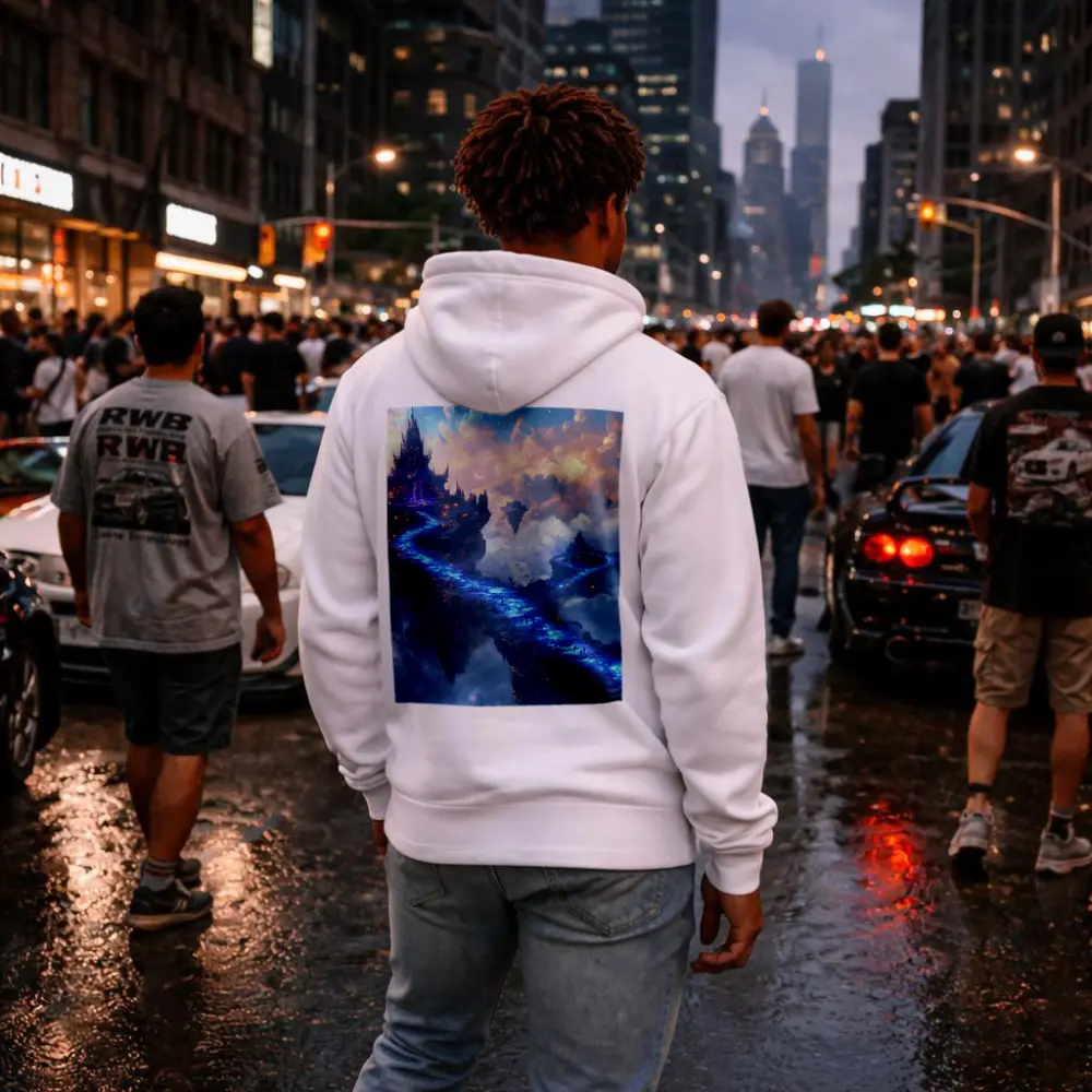 Fantasy Floating Castle Glowing Blue Sky Bridge – Hoodies