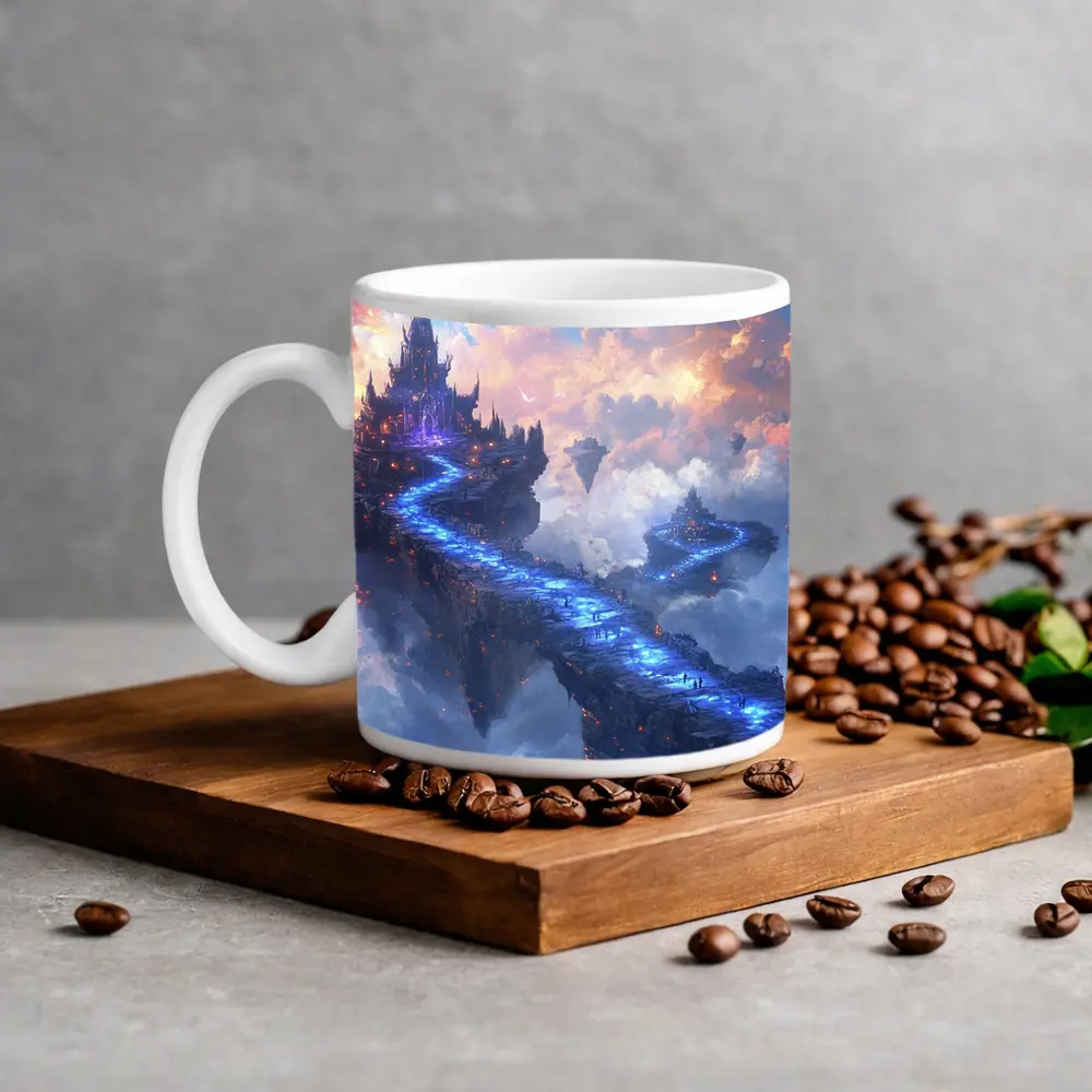 Fantasy Floating Castle Glowing Blue Sky Bridge – Mugs