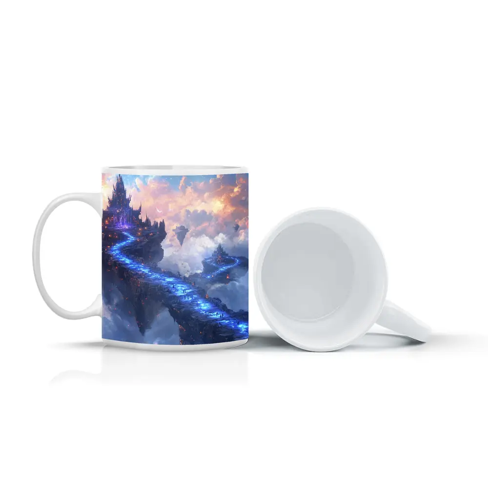 Fantasy Floating Castle Glowing Blue Sky Bridge – Mugs
