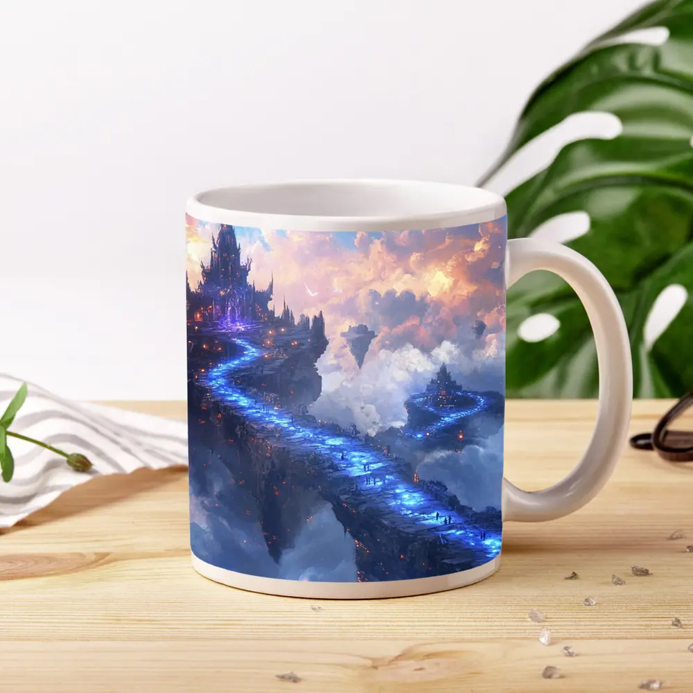 Fantasy Floating Castle Glowing Blue Sky Bridge – Mugs