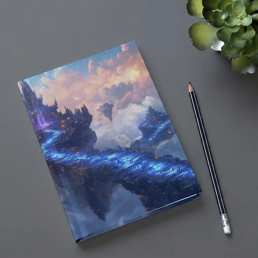 Fantasy Floating Castle Glowing Blue Sky Bridge – Notebooks