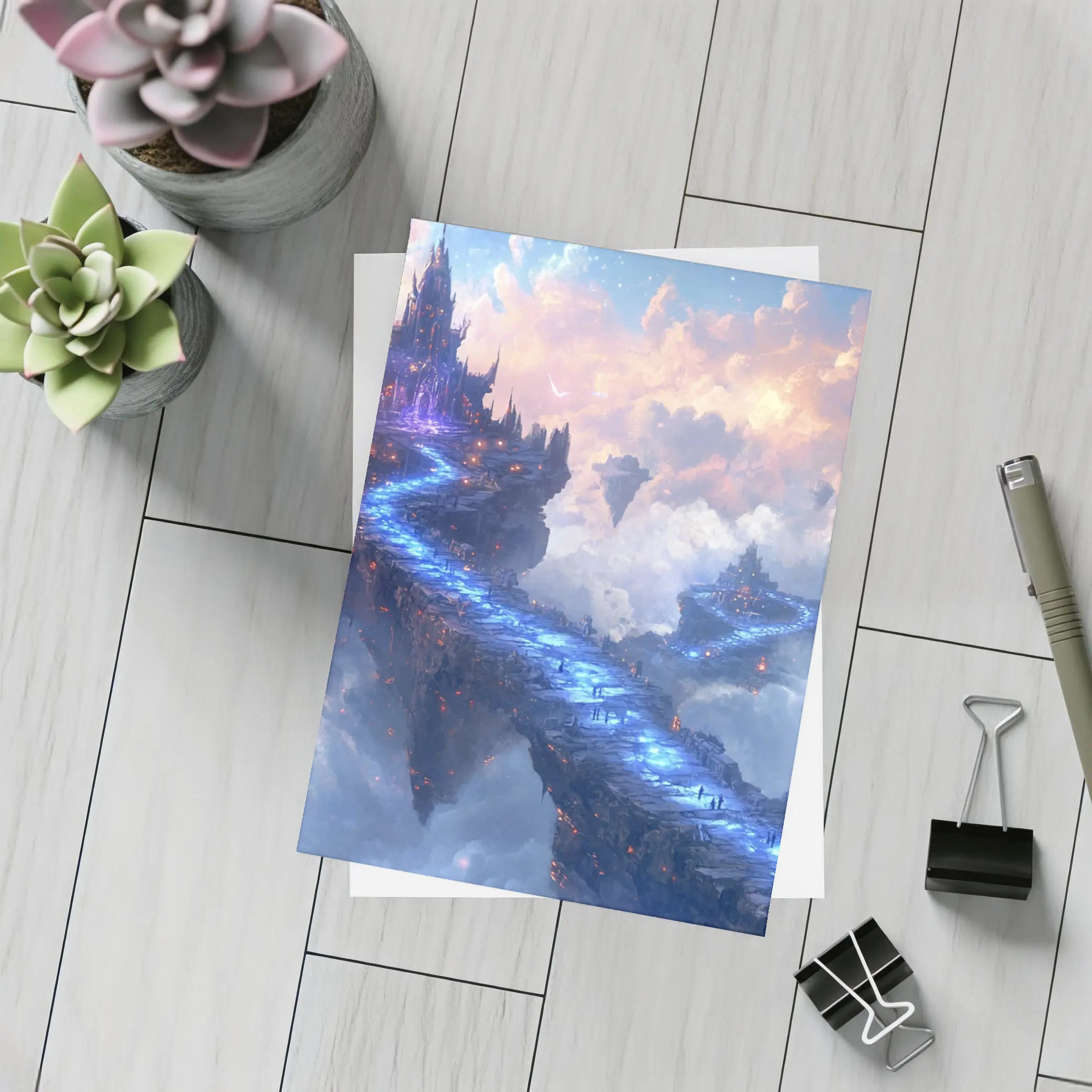 Fantasy Floating Castle Glowing Blue Sky Bridge – Postcards