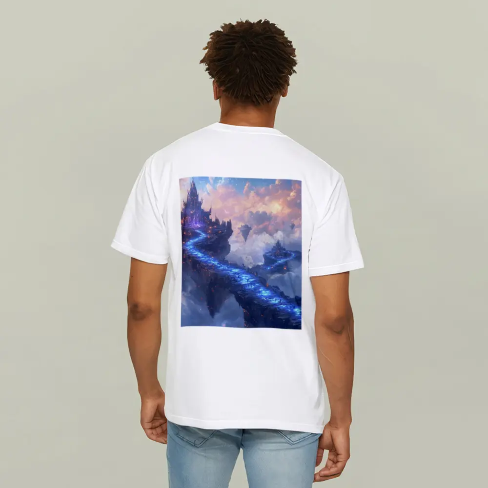 Fantasy Floating Castle Glowing Blue Sky Bridge – T-Shirts