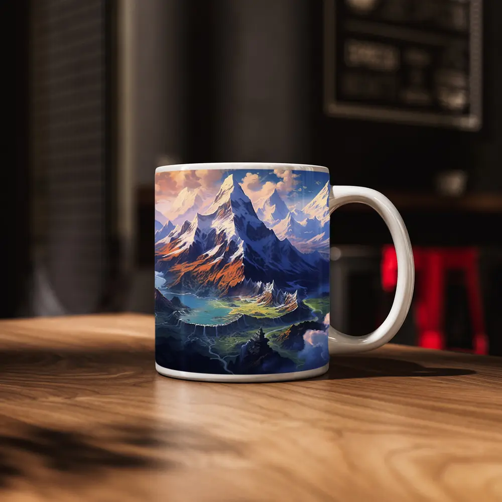 Fantasy Mountain Valley Aerial Digital Art – Mugs