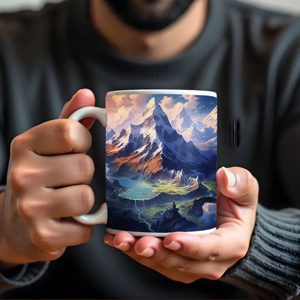 Fantasy Mountain Valley Aerial Digital Art – Mugs