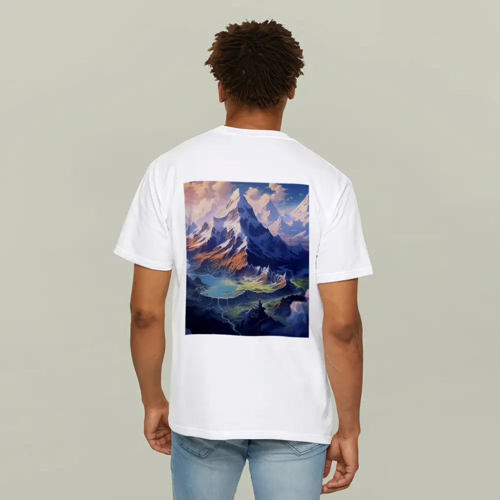 Fantasy Mountain Valley Aerial Digital Art – T-Shirts