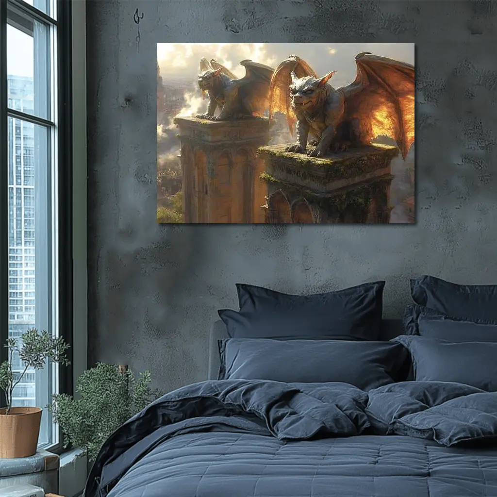 Gargoyle Statues Perched On Ancient Tower – Wall Art