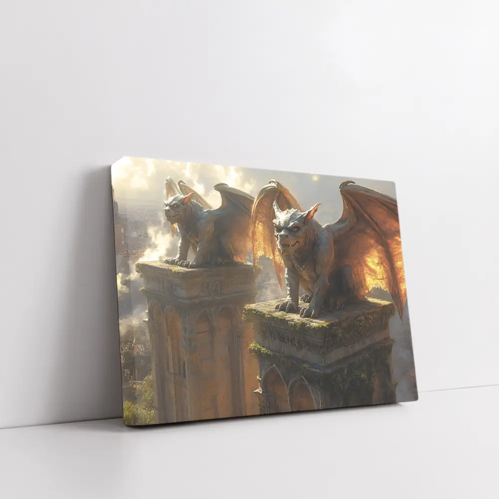 Gargoyle Statues Perched On Ancient Tower – Wall Art