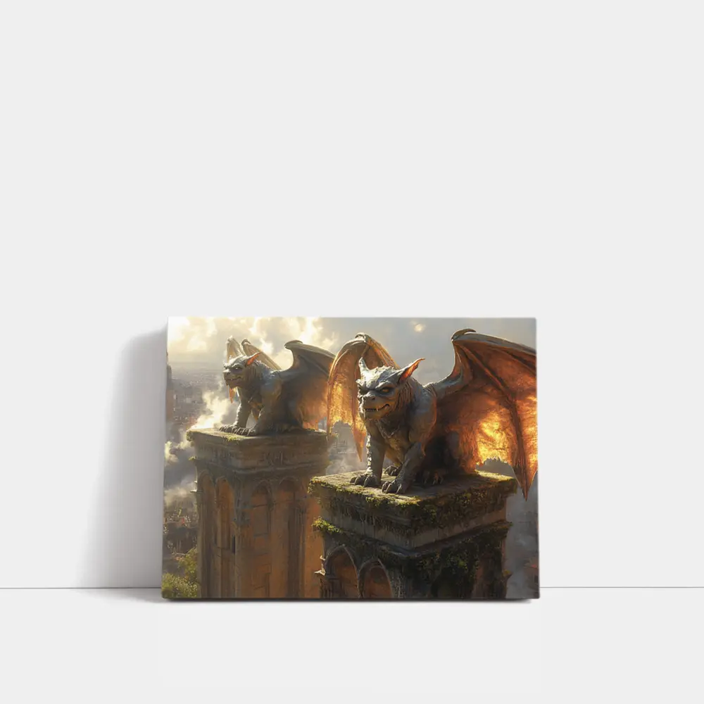 Gargoyle Statues Perched On Ancient Tower – Wall Art