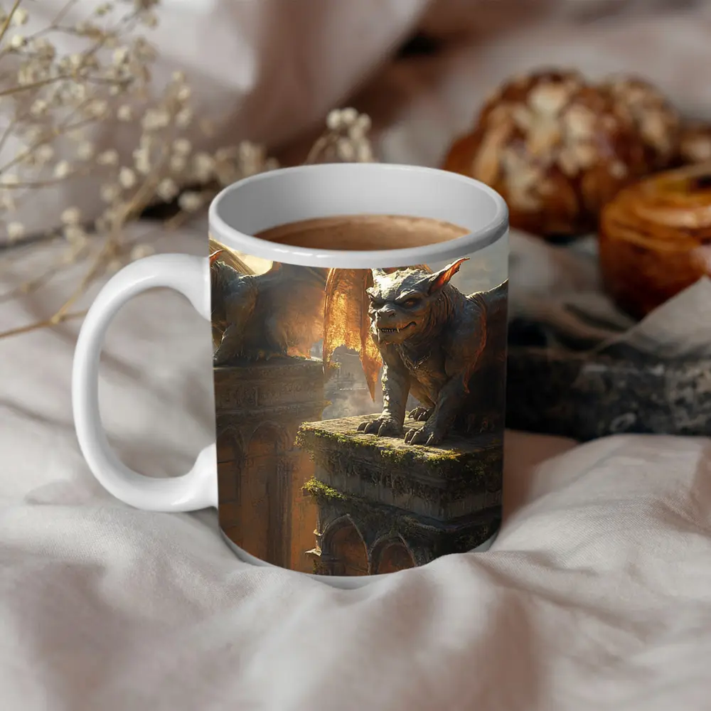 Gargoyle Statues Perched On Ancient Tower – Mugs