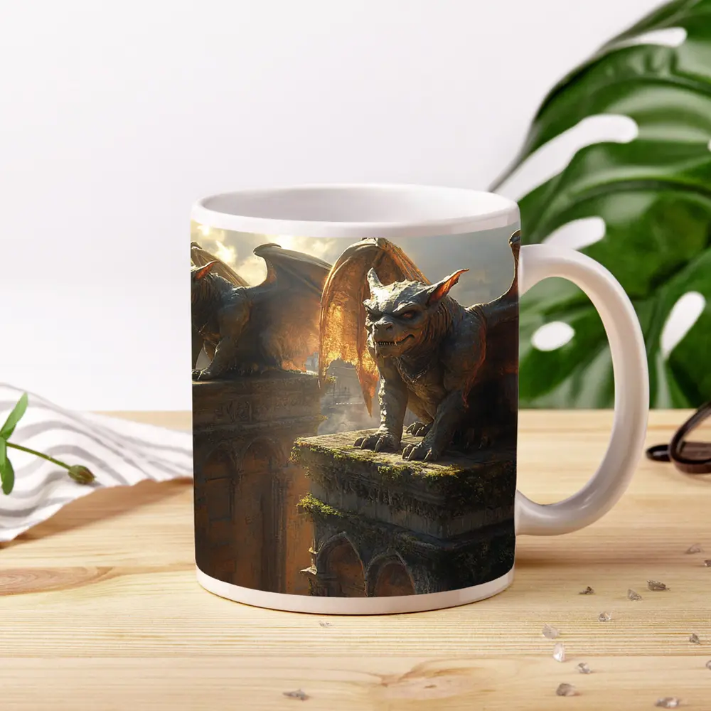 Gargoyle Statues Perched On Ancient Tower – Mugs