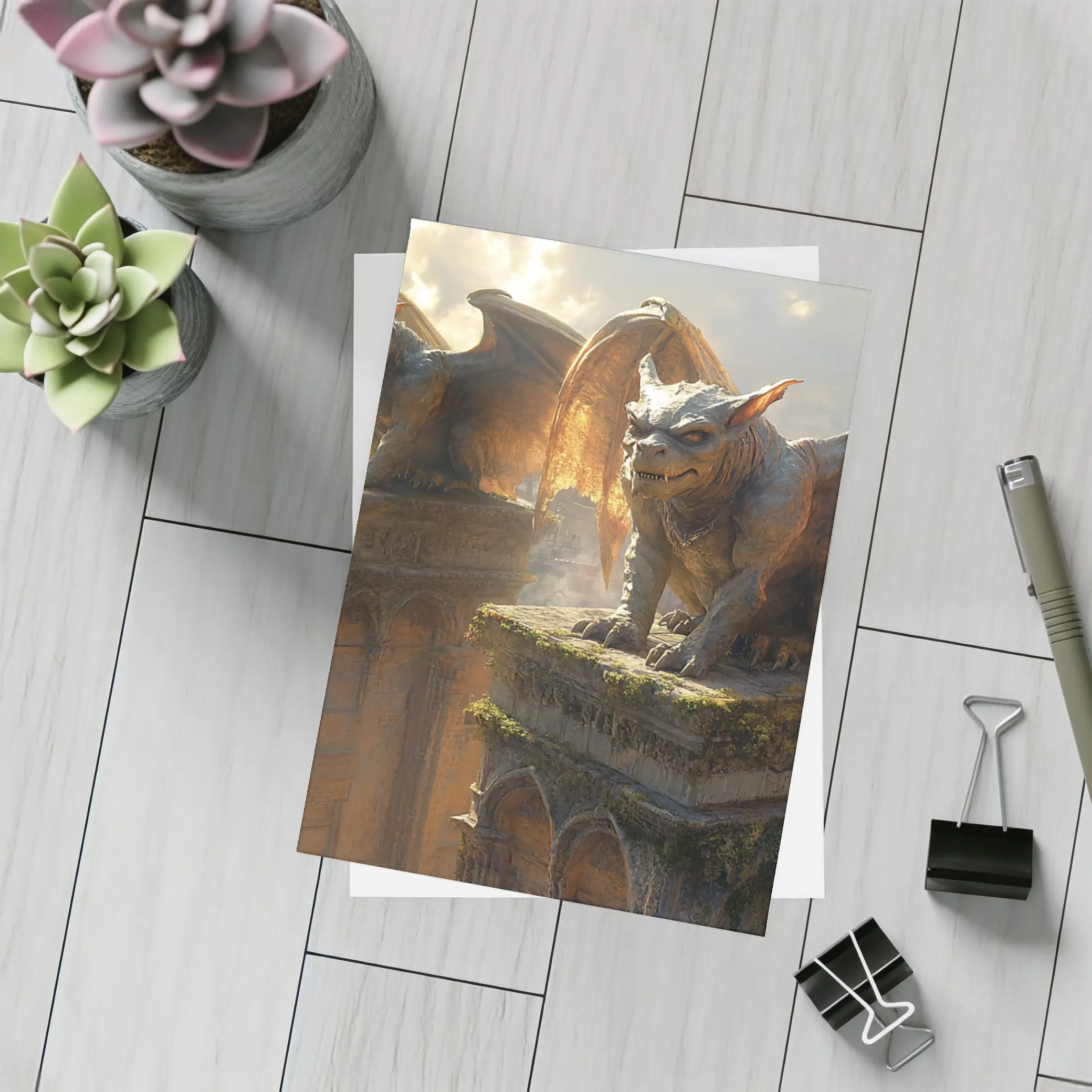 Gargoyle Statues Perched On Ancient Tower – Postcards