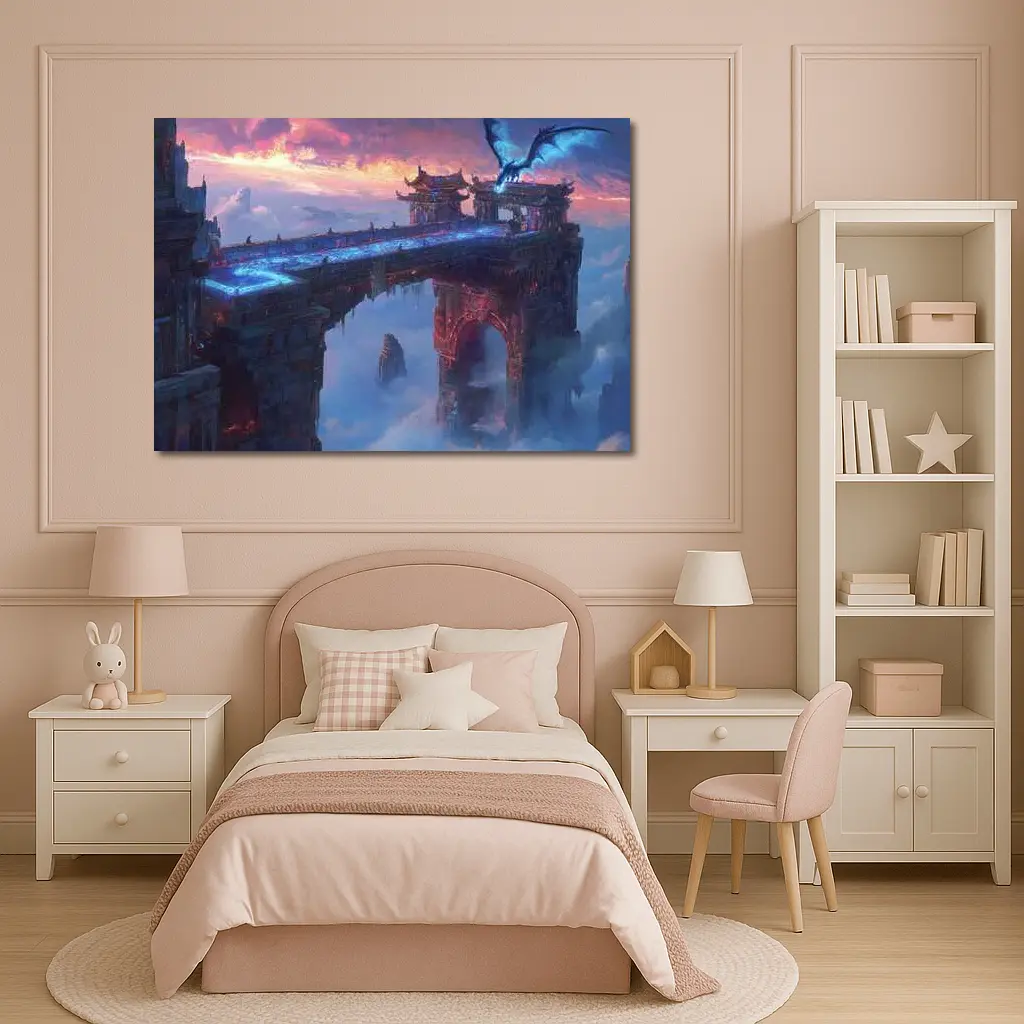 Dragon Flying Over Ancient Sky Fortress – Wall Art