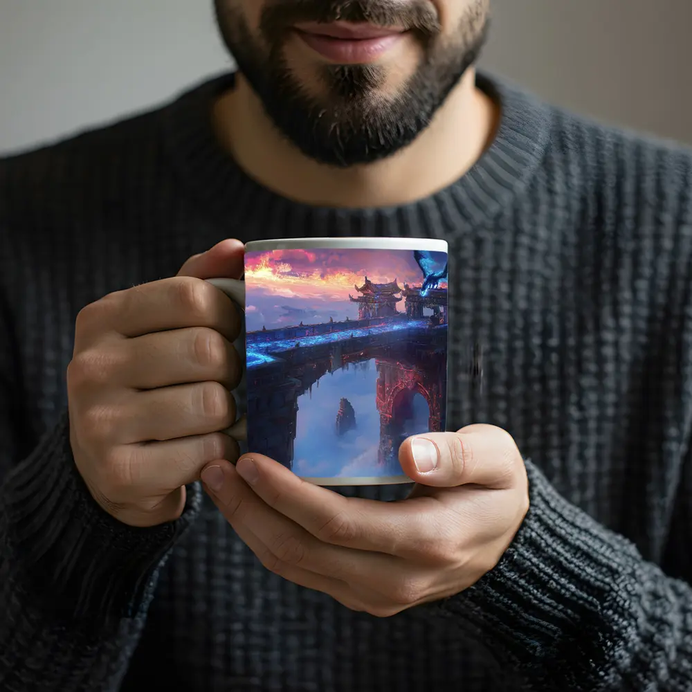 Dragon Flying Over Ancient Sky Fortress – Mugs