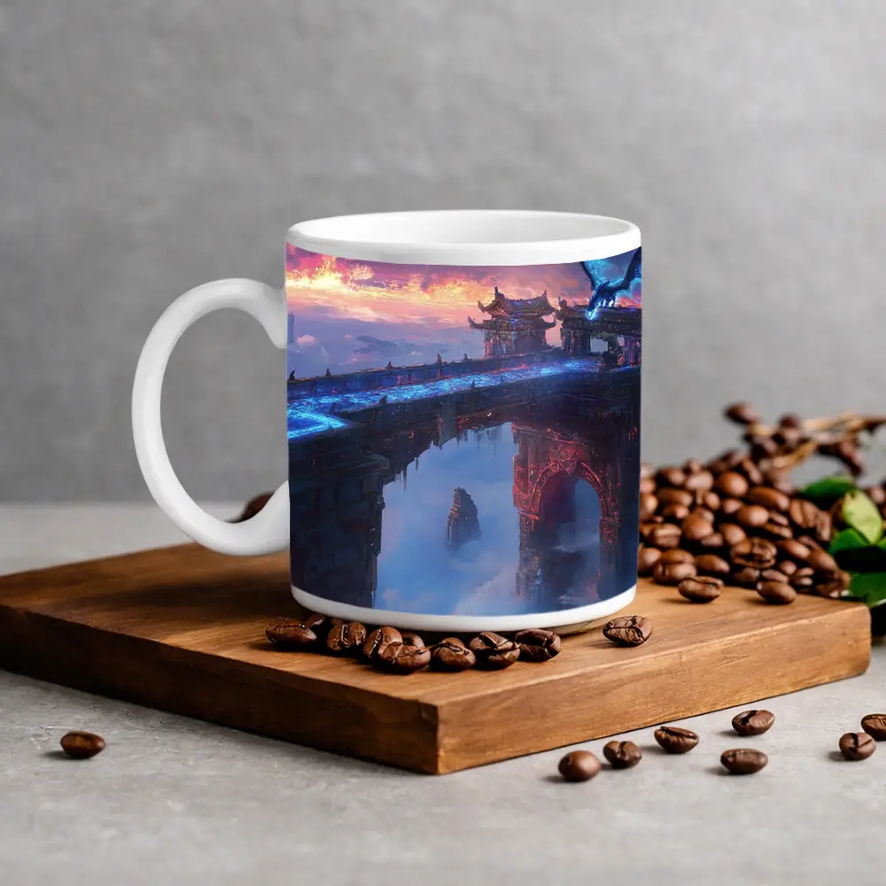 Dragon Flying Over Ancient Sky Fortress – Mugs