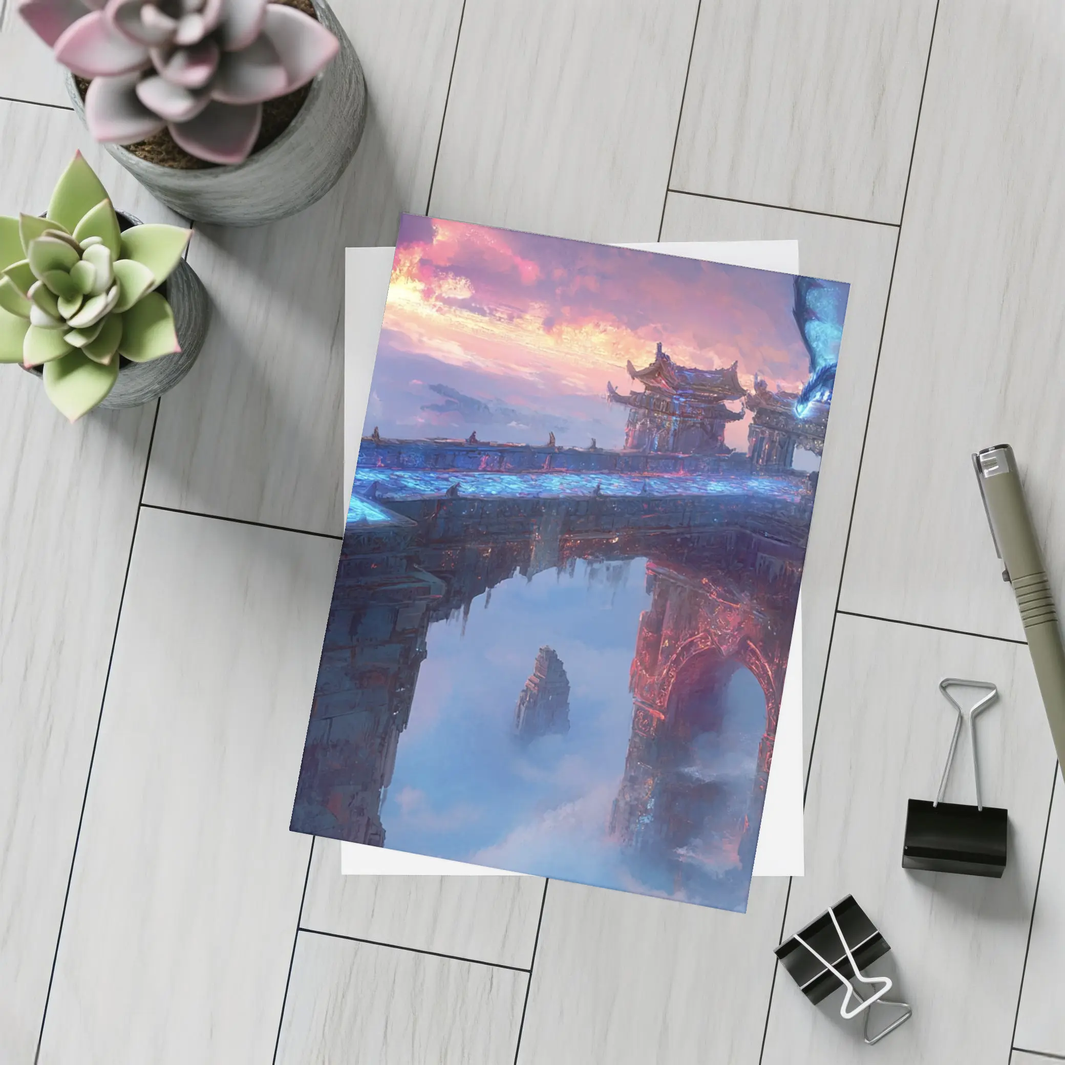 Dragon Flying Over Ancient Sky Fortress – Postcards