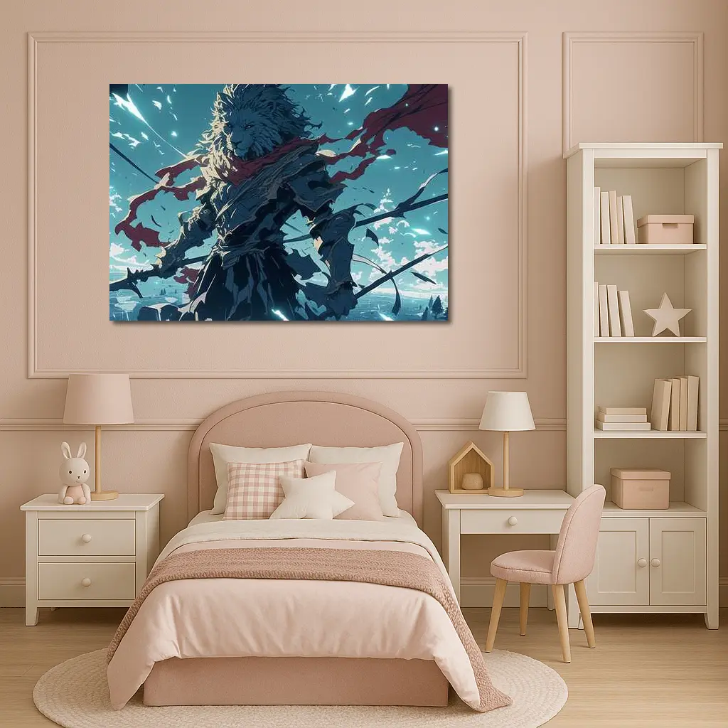 Anime Lion Warrior Red Scarf Battle Sky – Wall Art