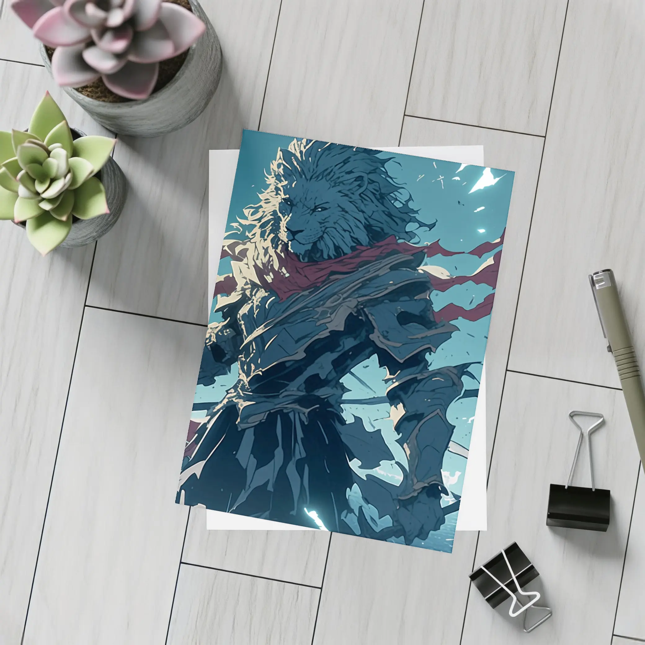 Anime Lion Warrior Red Scarf Battle Sky – Postcards