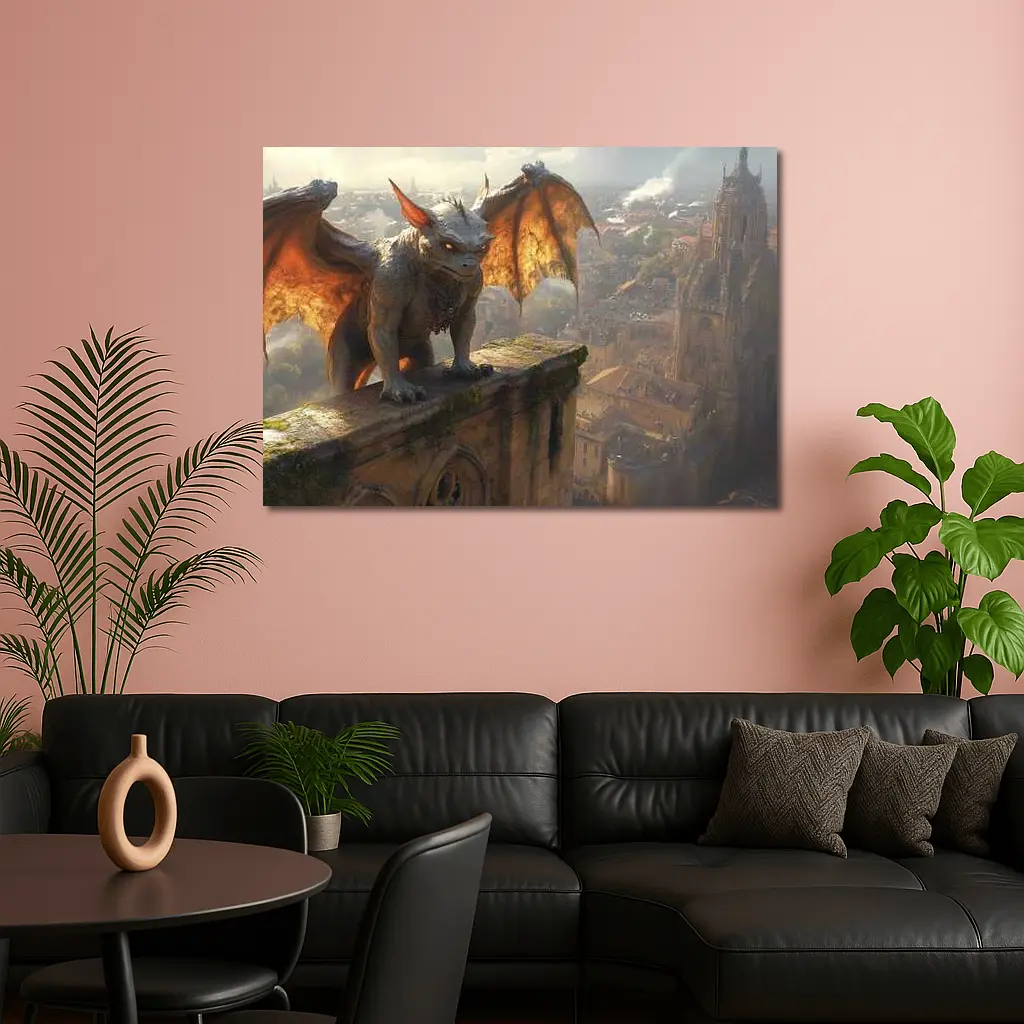 Gargoyle Perched Over Medieval City Skyline – Wall Art