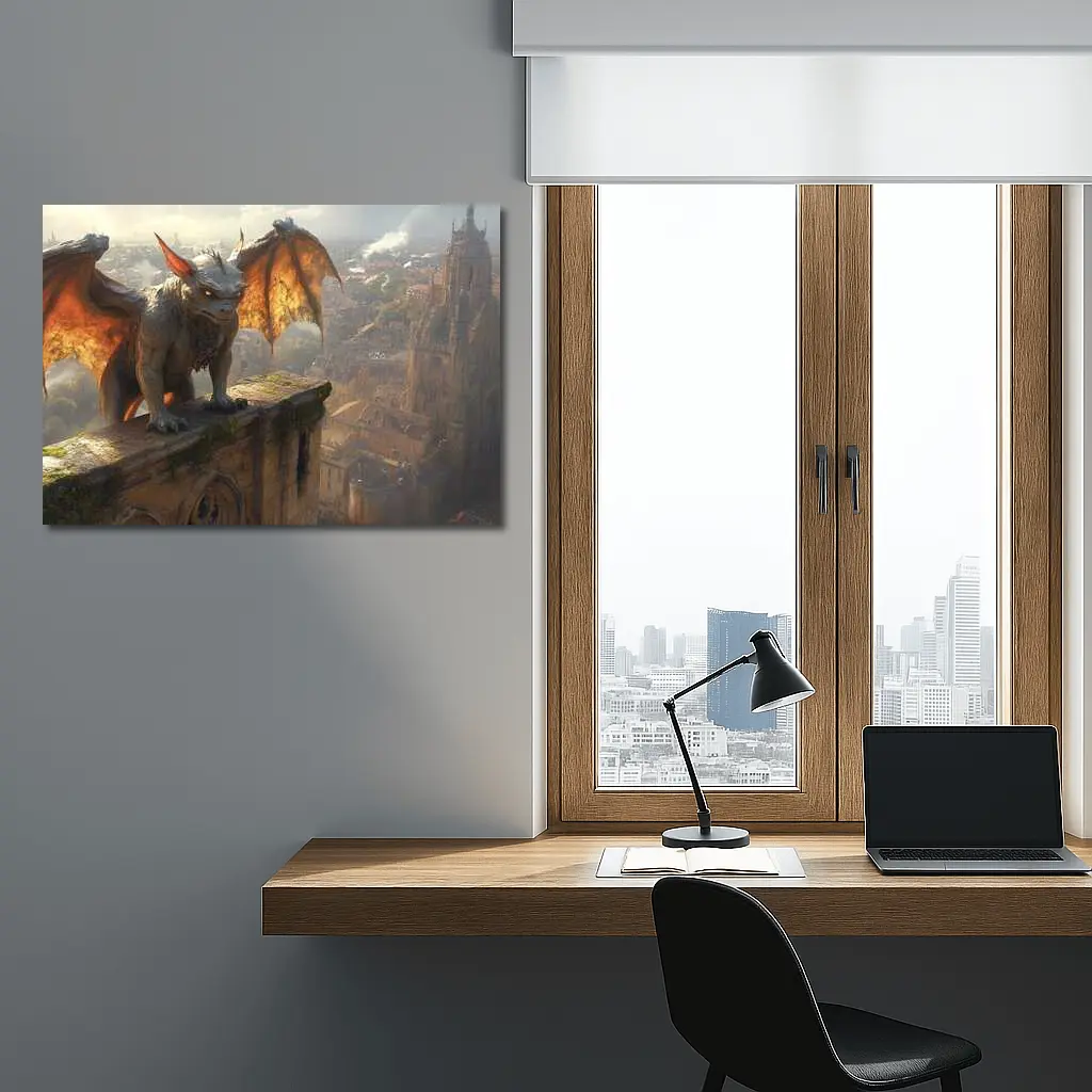 Gargoyle Perched Over Medieval City Skyline – Wall Art