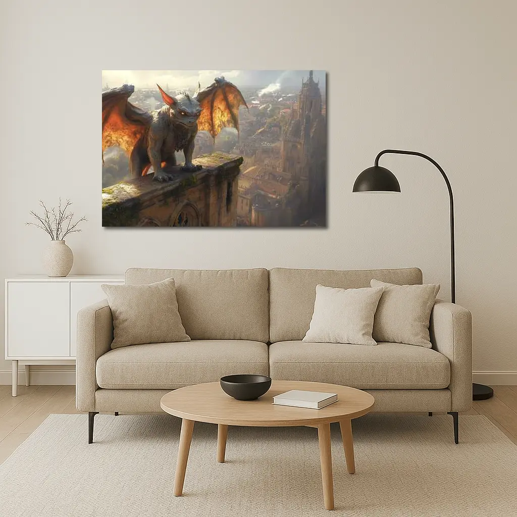 Gargoyle Perched Over Medieval City Skyline – Wall Art