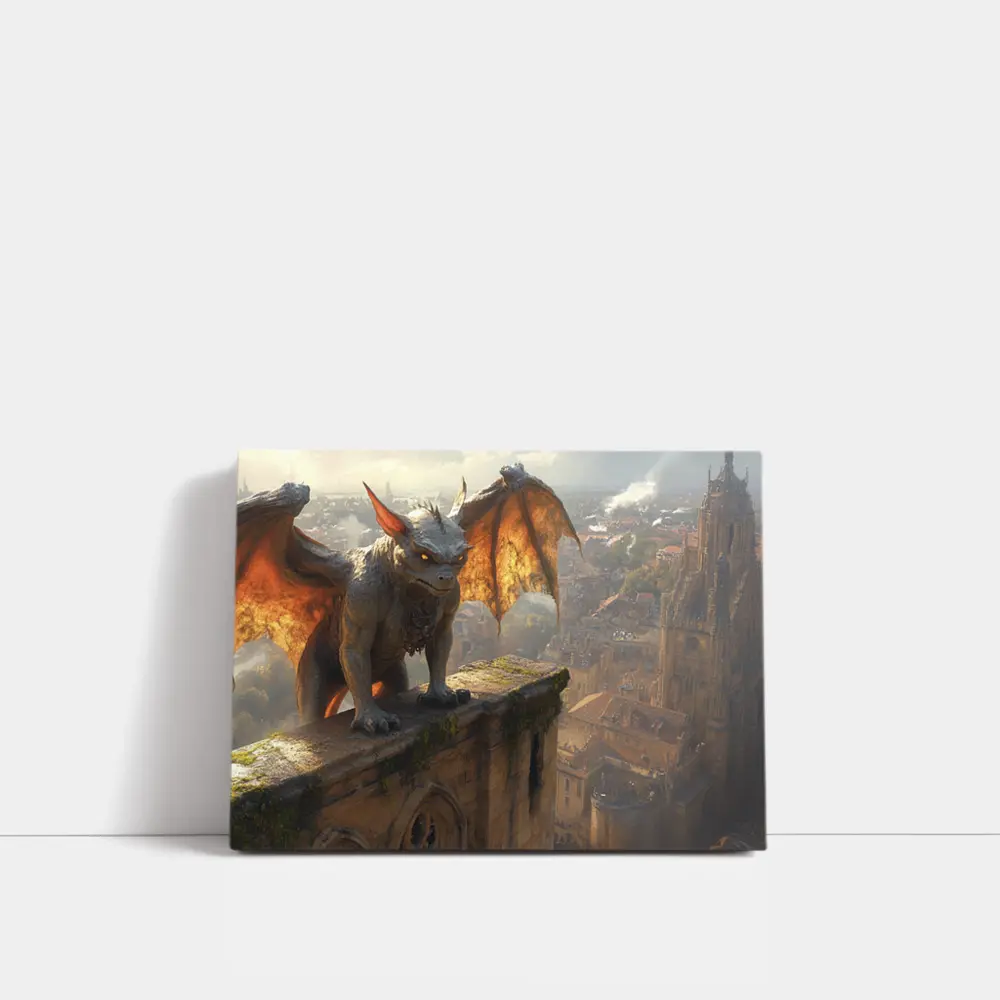 Gargoyle Perched Over Medieval City Skyline – Wall Art