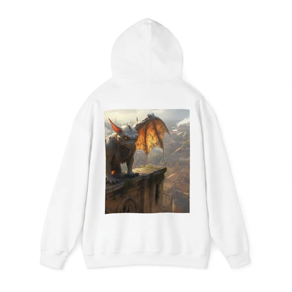 Gargoyle Perched Over Medieval City Skyline – Hoodies