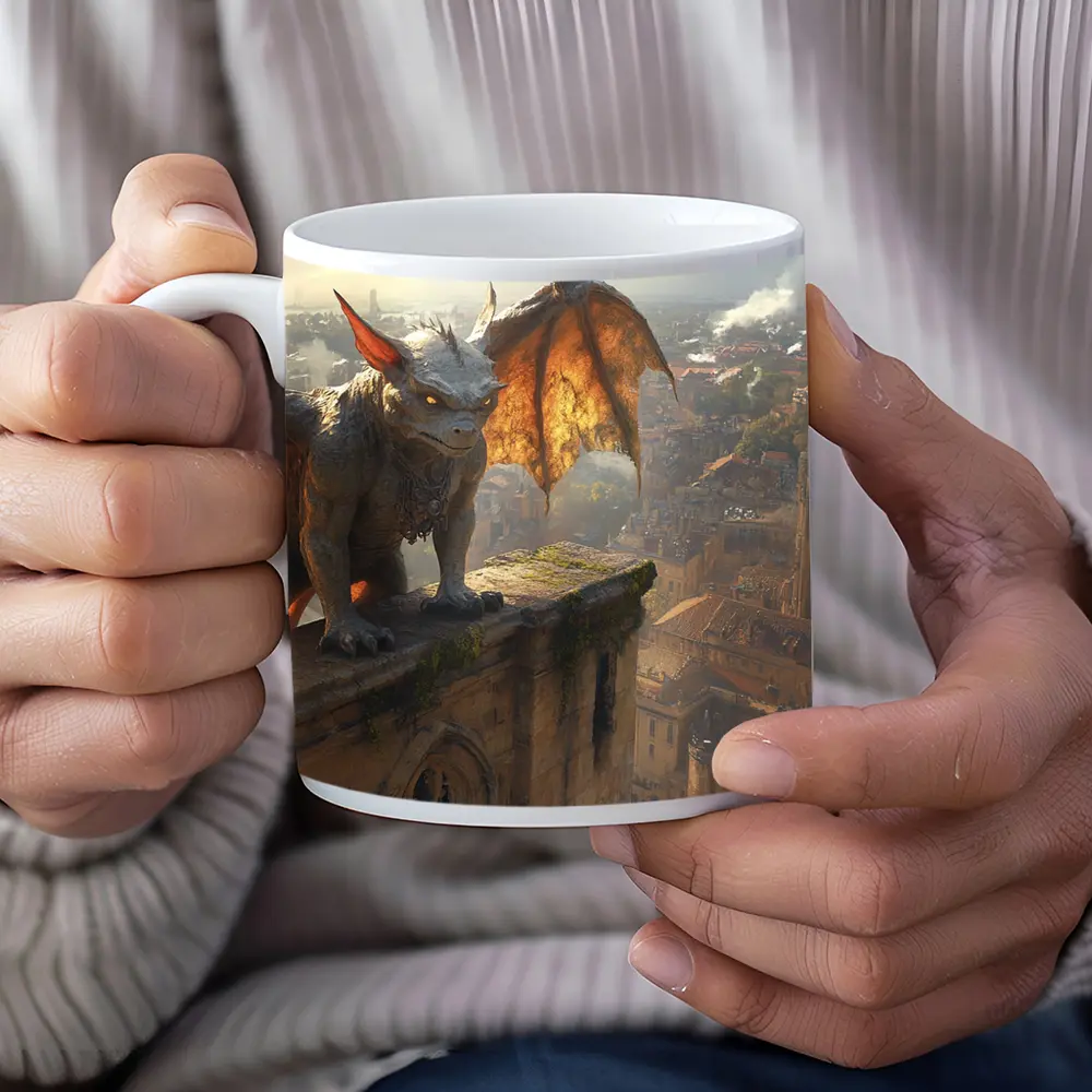Gargoyle Perched Over Medieval City Skyline – Mugs